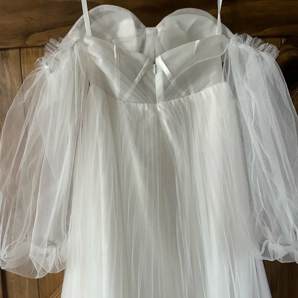 White Strapless Gown with Sheer Sleeves - Picture 5 of 6